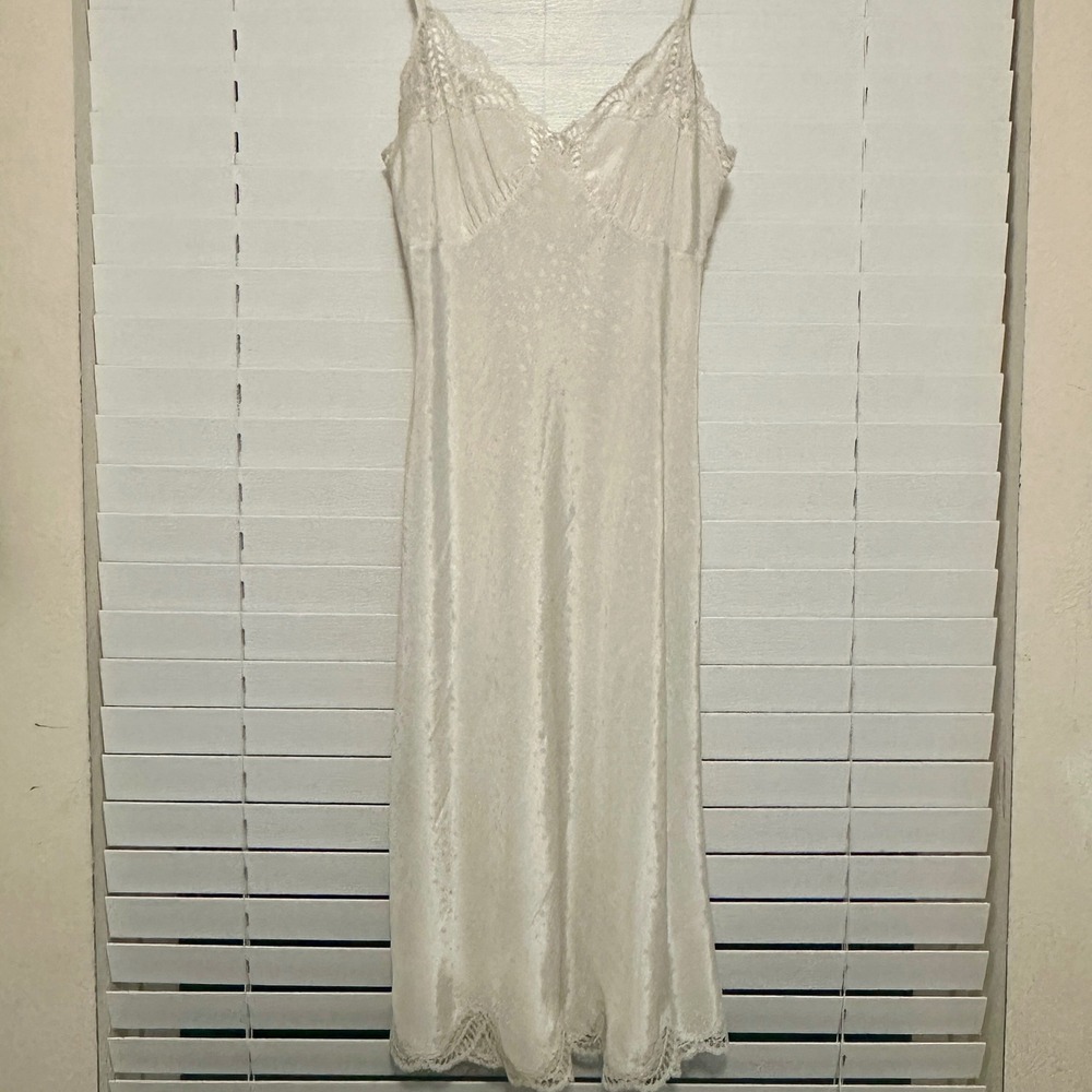 Vintage St Michael Cream Satin Lace Slip Dress Jacquard Polka Dot Long Nightgown